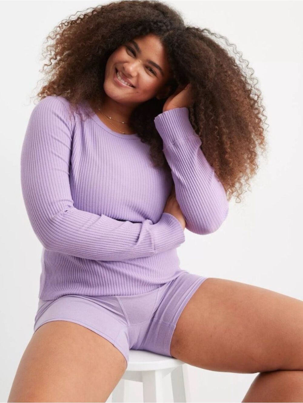 AERIE Fireside Long Sleeve Crew Neck Ribbed Tee in Lavender Purple Fog Size S